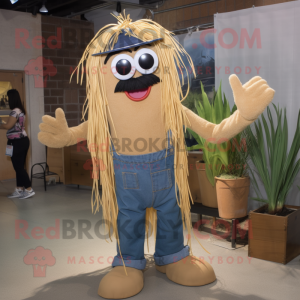 Tan Spaghetti mascot costume character dressed with a Jeans and Eyeglasses