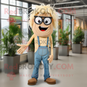 Tan Spaghetti mascot costume character dressed with a Jeans and Eyeglasses