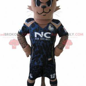 Tiger mascot in footballer outfit with a blue crest -