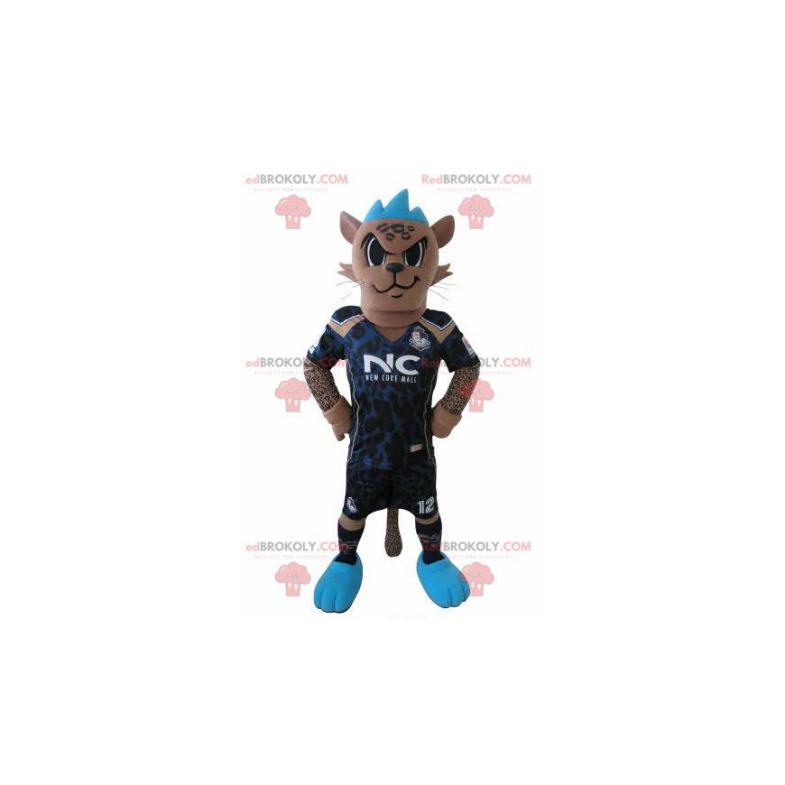 Tiger mascot in footballer outfit with a blue crest -