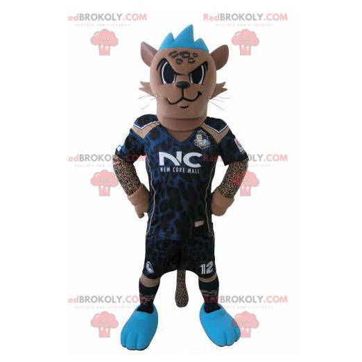 Tiger mascot in footballer outfit with a blue crest -