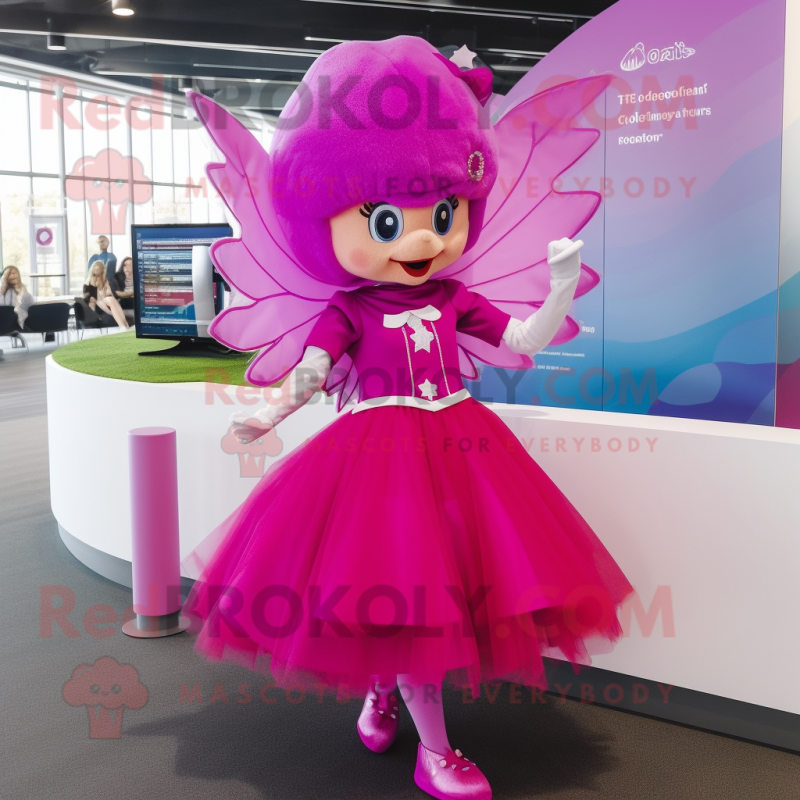 Magenta Tooth Fairy mascot costume character dressed with a Circle Skirt and Berets