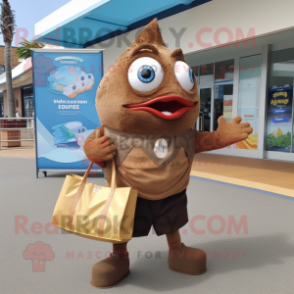 Brown Fish And Chips mascot costume character dressed with a Bermuda Shorts and Tote bags