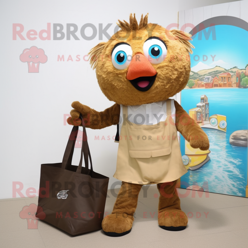 Brown Fish And Chips mascot costume character dressed with a Bermuda Shorts and Tote bags