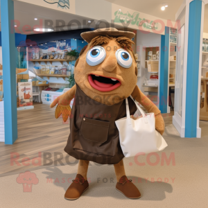 Brown Fish And Chips mascot costume character dressed with a Bermuda Shorts and Tote bags