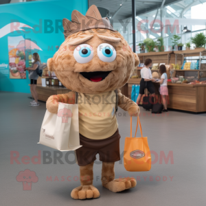 Brown Fish And Chips mascot costume character dressed with a Bermuda Shorts and Tote bags