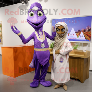 Lavender Tikka Masala mascot costume character dressed with a Wrap Dress and Pocket squares