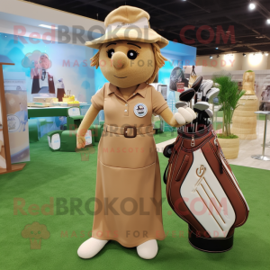 Tan Golf Bag mascot costume character dressed with a Wrap Dress and Hairpins