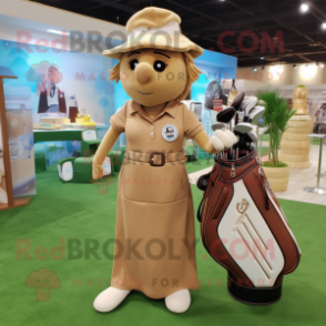 Tan Golf Bag mascot costume character dressed with a Wrap Dress and Hairpins