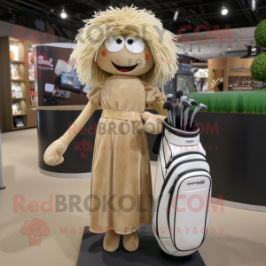 Tan Golf Bag mascot costume character dressed with a Wrap Dress and Hairpins