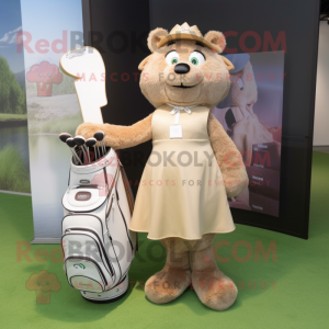 Tan Golf Bag mascot costume character dressed with a Wrap Dress and Hairpins