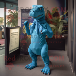 Cyan Allosaurus mascot costume character dressed with a Romper and Shawls