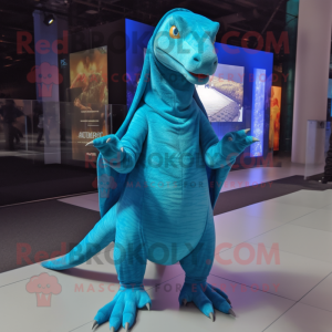 Cyan Allosaurus mascot costume character dressed with a Romper and Shawls