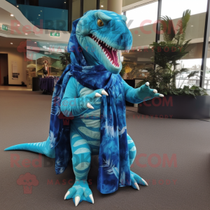 Cyan Allosaurus mascot costume character dressed with a Romper and Shawls