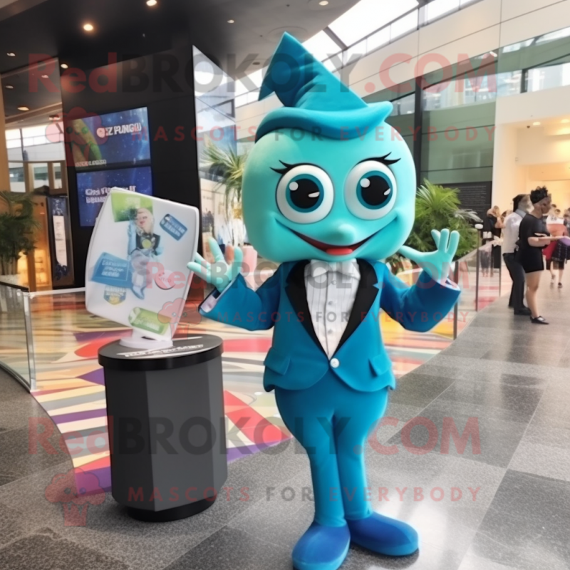 Cyan Mermaid mascot costume character dressed with a Tuxedo and Clutch bags Cyan Mermaid mascot costume character dressed with a Tuxedo and Clutch bags