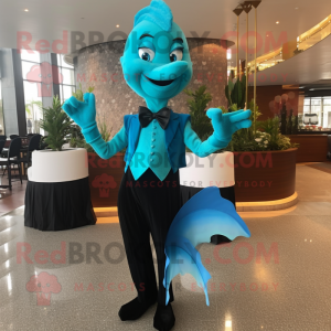 Cyan Mermaid mascot costume character dressed with a Tuxedo and Clutch bags