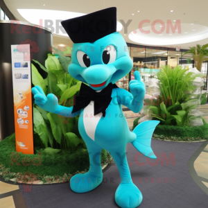 Cyan Mermaid mascot costume character dressed with a Tuxedo and Clutch bags