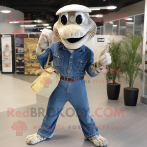 Cream Python mascot costume character dressed with a Denim Shirt and Clutch bags