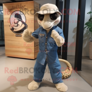 Cream Python mascot costume character dressed with a Denim Shirt and Clutch bags