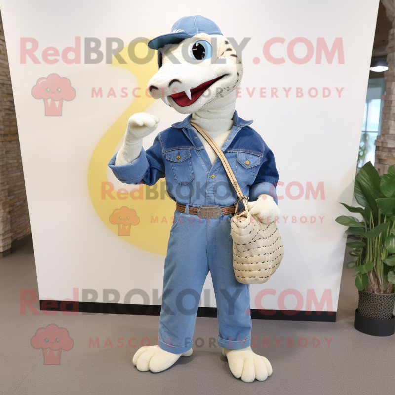 Cream Python mascot costume character dressed with a Denim Shirt and Clutch bags