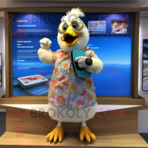 nan Chicken mascot costume character dressed with a Board Shorts and Digital watches