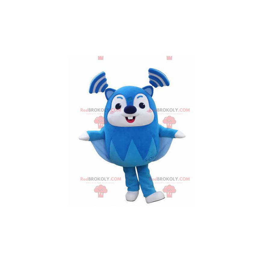 Very funny blue and white flying squirrel mascot -