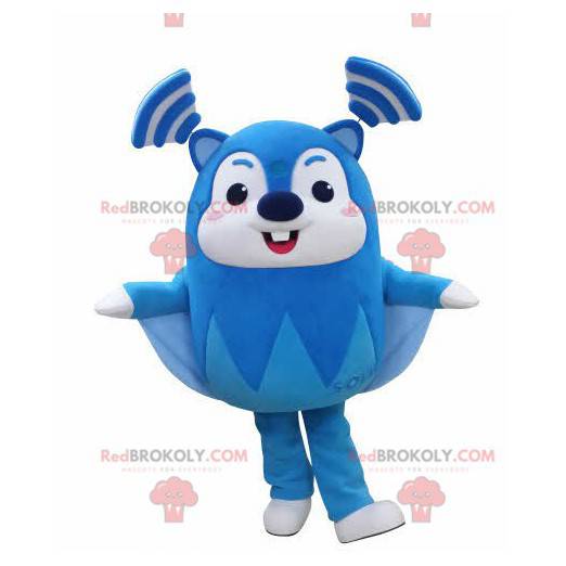 Very funny blue and white flying squirrel mascot -