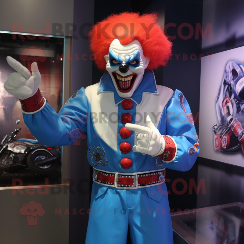 Sky Blue Evil Clown mascot costume character dressed with a Moto Jacket and Suspenders
