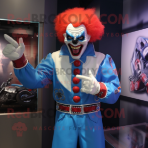 Sky Blue Evil Clown mascot costume character dressed with a Moto Jacket and Suspenders