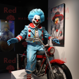 Sky Blue Evil Clown mascot costume character dressed with a Moto Jacket and Suspenders