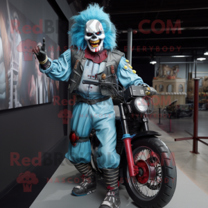 Sky Blue Evil Clown mascot costume character dressed with a Moto Jacket and Suspenders