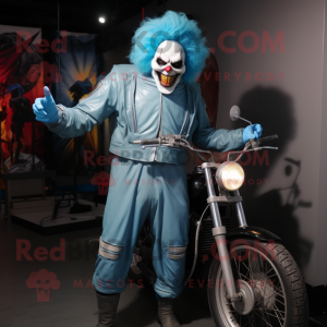 Sky Blue Evil Clown mascot costume character dressed with a Moto Jacket and Suspenders