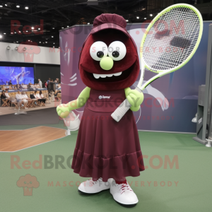 Maroon Tennis Racket mascot costume character dressed with a Maxi Dress and Clutch bags
