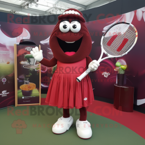 Maroon Tennis Racket mascot costume character dressed with a Maxi Dress and Clutch bags