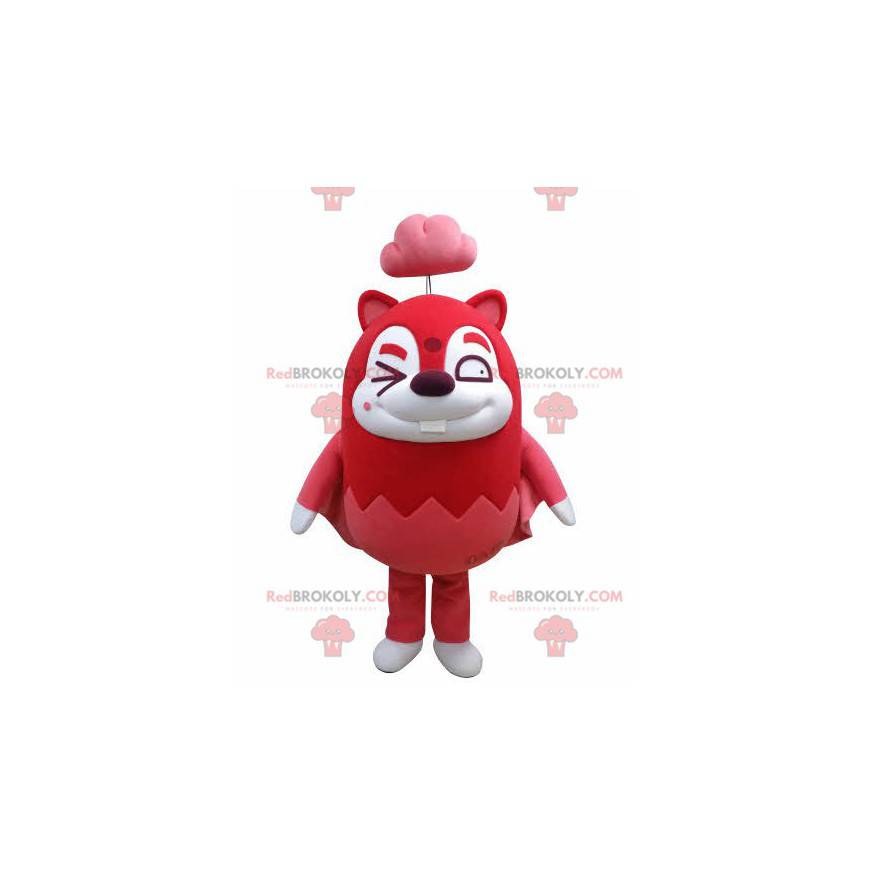 Red and white flying squirrel mascot with a cloud -
