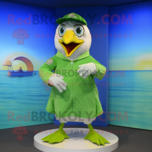 Lime Green Gull mascot costume character dressed with a Romper and Rings