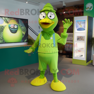 Lime Green Gull mascot costume character dressed with a Romper and Rings
