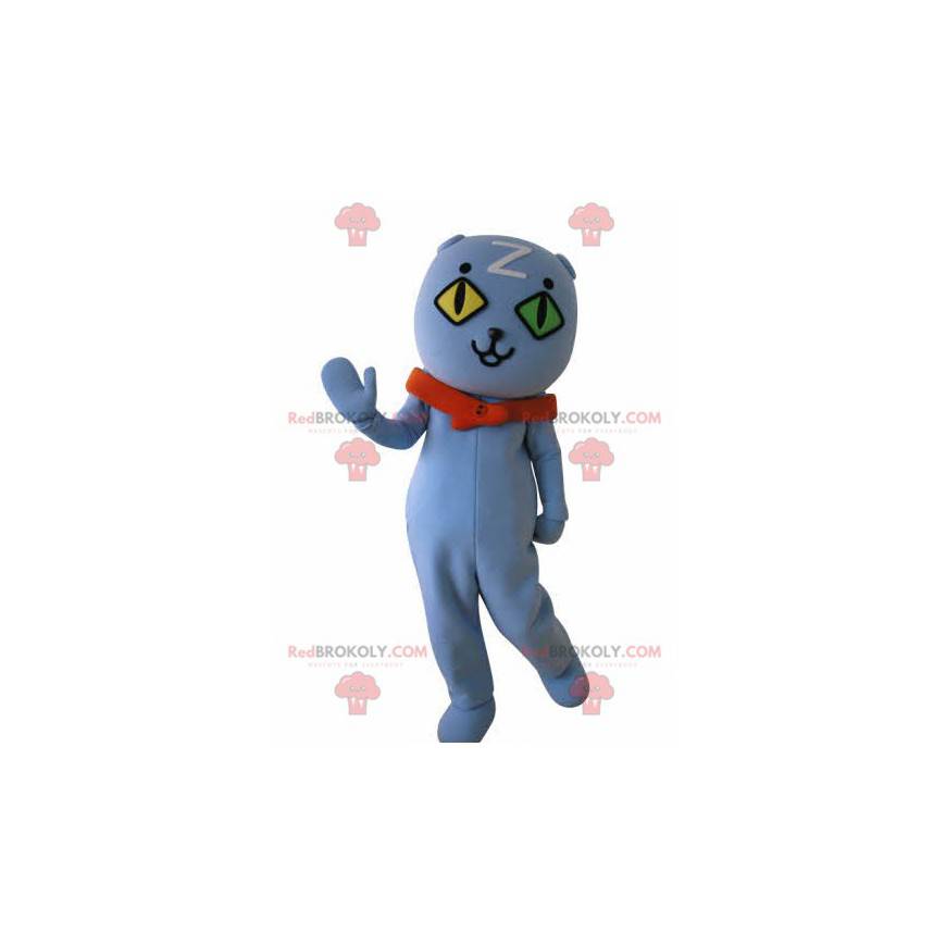 Blue cat mascot with wall eyes. Blue teddy bear mascot -