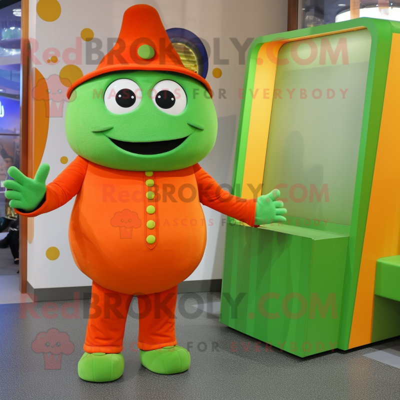 Green Orange mascot costume character dressed with a Suit and Mittens