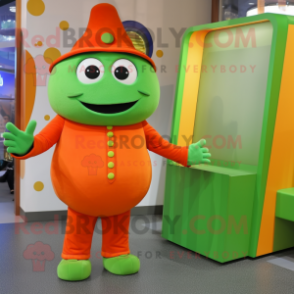 Green Orange mascot costume character dressed with a Suit and Mittens