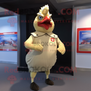 Beige Chicken mascot costume character dressed with a Rash Guard and Tie pins