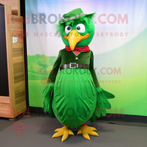 Green Hawk mascot costume character dressed with a Maxi Skirt and Ties
