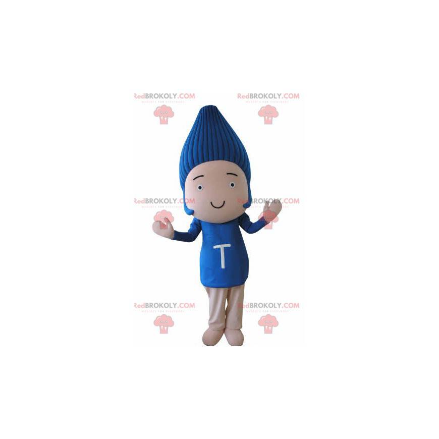 Mascotte de bonhomme rigolo avec les cheveux bleus -