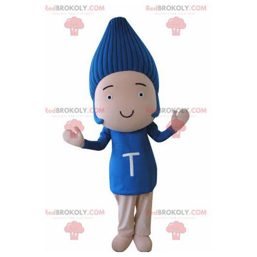 Mascote engraçado do boneco de neve com cabelo azul -