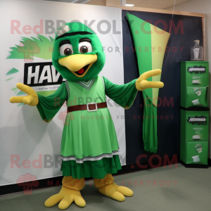 Green Hawk mascot costume character dressed with a Maxi Skirt and Ties