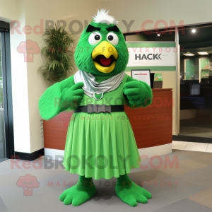 Green Hawk mascot costume character dressed with a Maxi Skirt and Ties