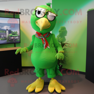 Green Hawk mascot costume character dressed with a Maxi Skirt and Ties