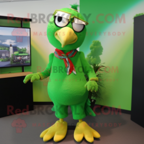 Green Hawk mascot costume character dressed with a Maxi Skirt and Ties