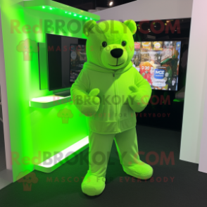 Lime Green Teddy Bear mascot costume character dressed with a Long Sleeve Tee and Cufflinks