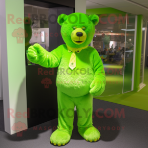 Lime Green Teddy Bear mascot costume character dressed with a Long Sleeve Tee and Cufflinks